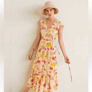 Mango Floral Flowy Wrap Spring Summer Sundress in Cream with Multicolor Blooms